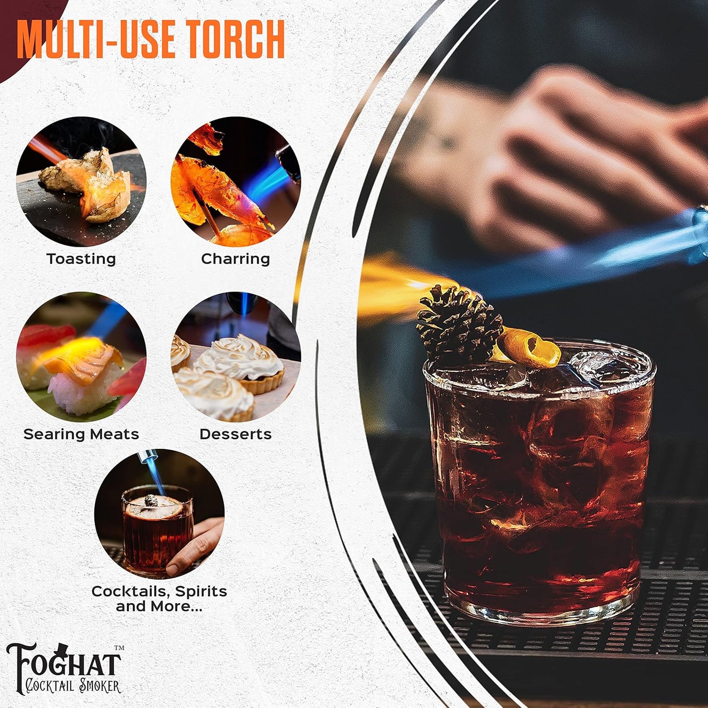 Foghat Cocktail Smoker Torch for Smoked Cocktails and Cooking - Handheld Refillable Culinary Butane Powered Kitchen Blow Torch Food Lighter Gun, Creme Brulee Torch (Butane not included)