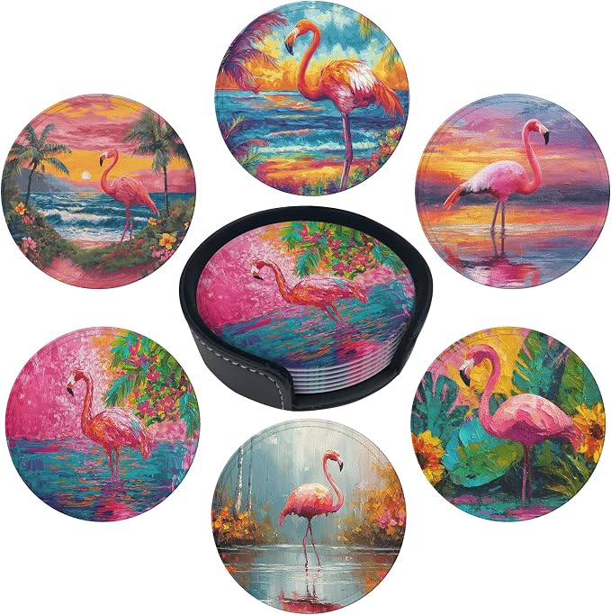 Musical Coasters Leather Round Drink Coasters 6 Pcs Set with Holderor for Cup Drink Coffee Table Bar Home Decor - Flamingo