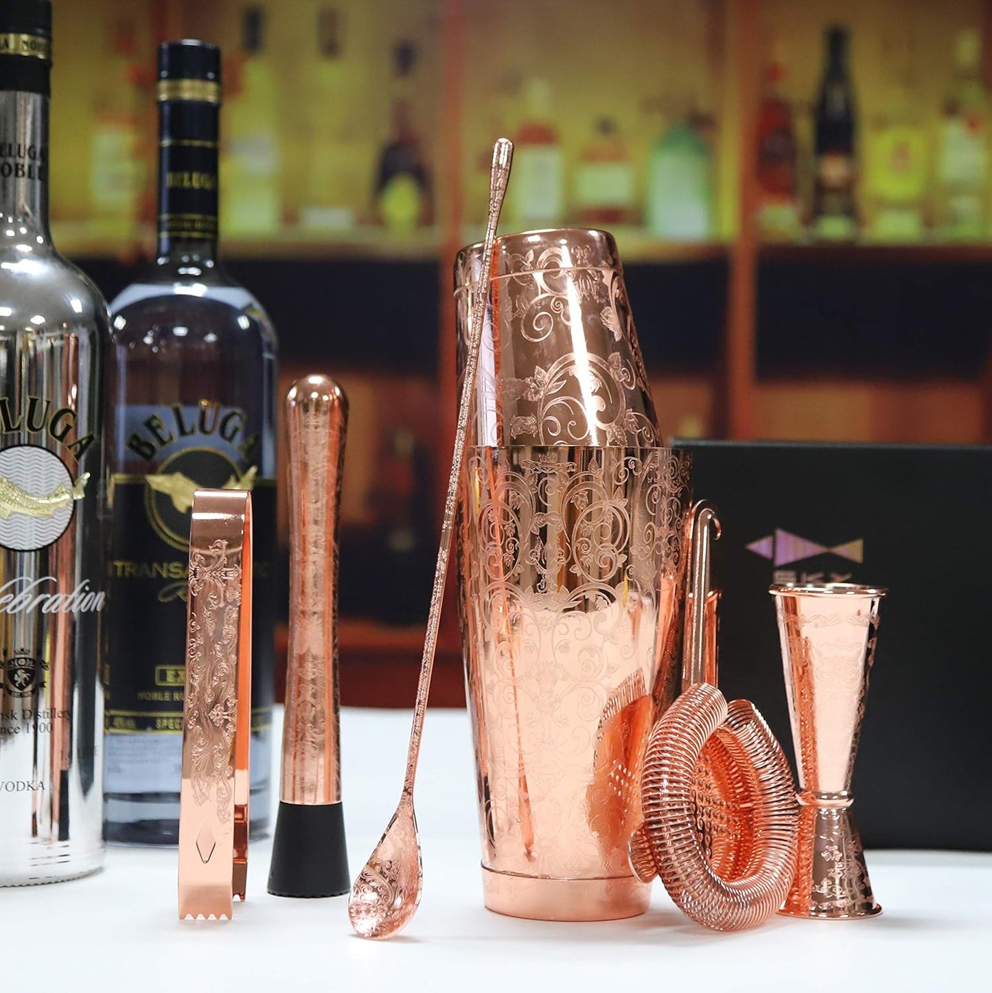 Sky Fish Bartender Kit Cocktail Shaker Set-6 Pieces Stainless Steel Copper Plated Etching Bar Tools with Boston Shaker Tins,Mixing Spoon,Mojito Muddler,Jigger,Hawthorne Strainer,Ice Tongs