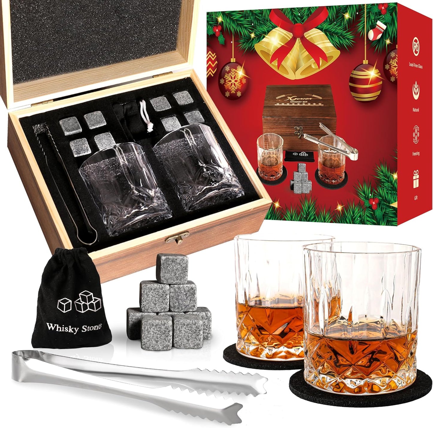 Whiskey Stones Gift Set for Men Dad Father’s Day Whiskey Glasses Set 2 Bourbon Glasses 8 Granite Chilling Rocks with Tongs Perfect for House Warming Anniversary Birthday for Men