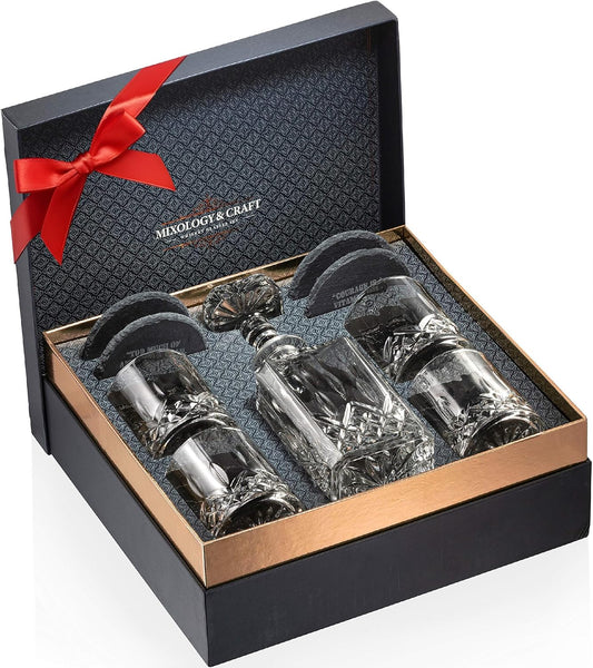 Mixology & Craft Luxury Whiskey Decanter Gift Set - 25oz Crystal Decanter, 4 Old-Fashioned Glasses, 4 Slate Coasters with Diamond Pattern Premium Black Gift Box