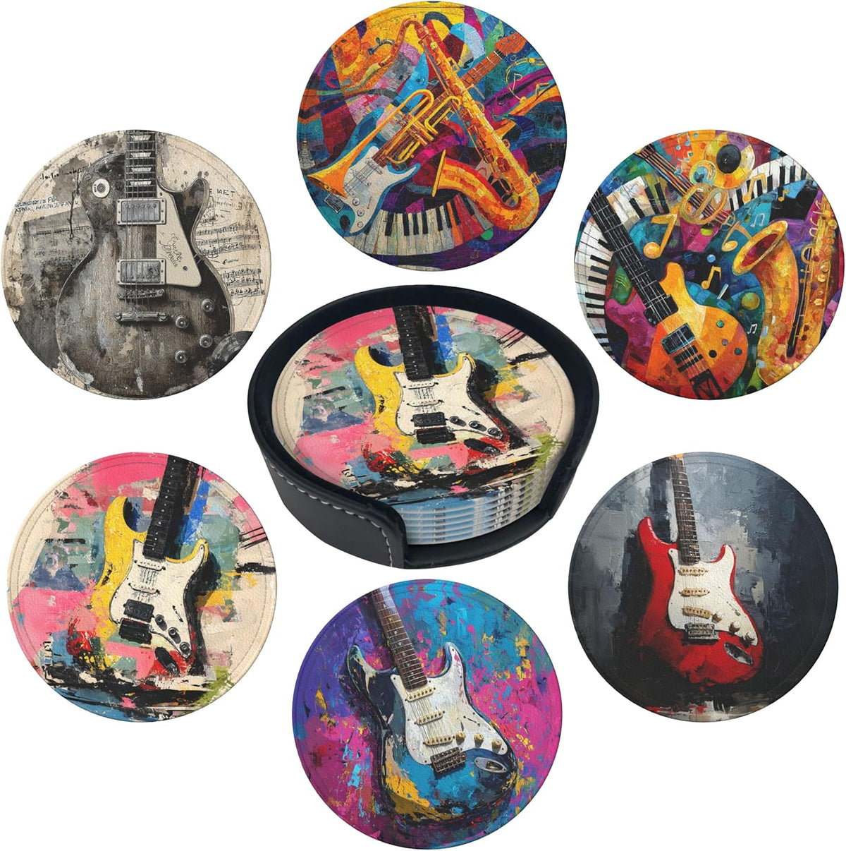 Musical Coasters Leather Round Drink Coasters 6 Pcs Set with Holderor for Cup Drink Coffee Table Bar Home Decor - Musical