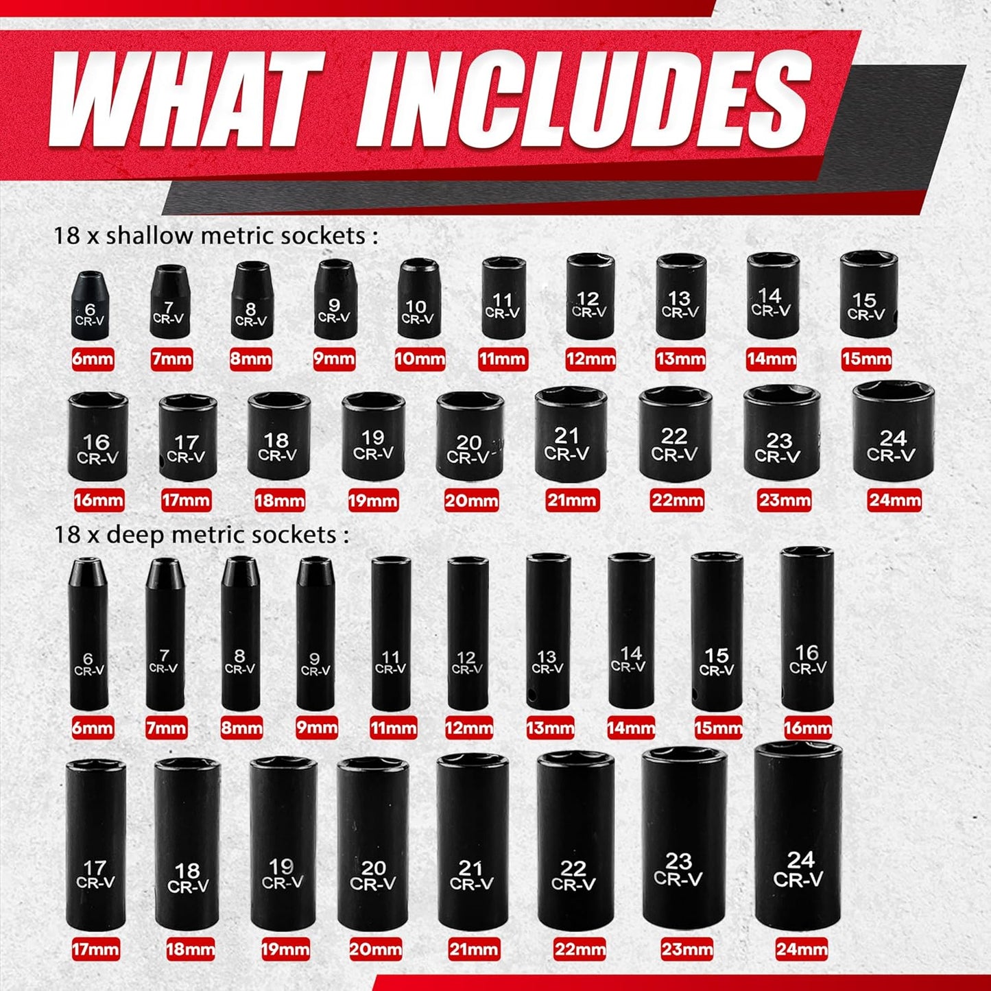EACELIY 64pcs 3/8" Socket Set,Drive Impact Socket Set, SAE/Metric, Deep & Shallow, Cr-V Steel, 6 Point with Adapters, 72T Ratchet Handle, Extension Bars，Bit Adapter，6-24mm，5/16-1 inch