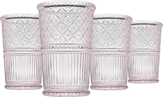 Godinger Highball Drinking Glasses, Tall Glass Cups, Vintage Decor, Water Glasses, Cocktail Glasses - Claro Collection, 12oz, Pink, Set of 4