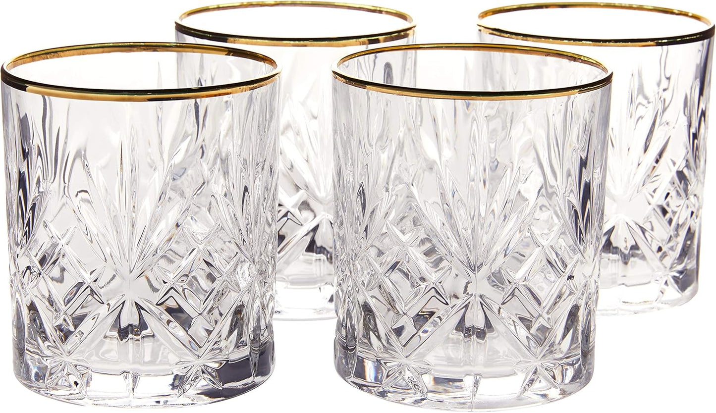 Lorren Home Trends Siena Collection Crystal Double Old Fashion Beverage Glass with Gold Band Design, Set of 4,10 FL OZ