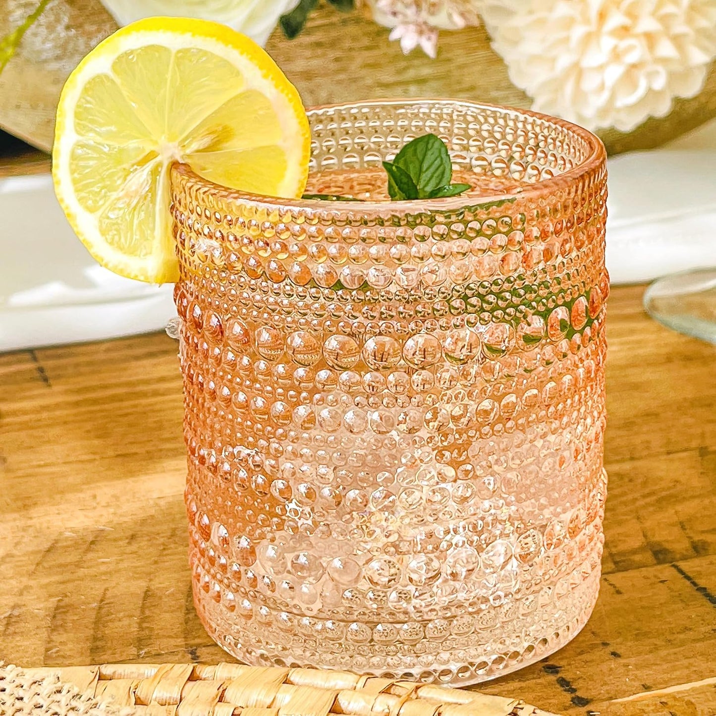 Kate Aspen Rose Gold Cups Pink Hobnail Beaded Drinking Glasses Set of 6-10 oz Vintage Glassware Set Cocktail Glass Set, Juice Glass, Water Cups | Makes A Great Hostess Gift, Gift for New Home Owners