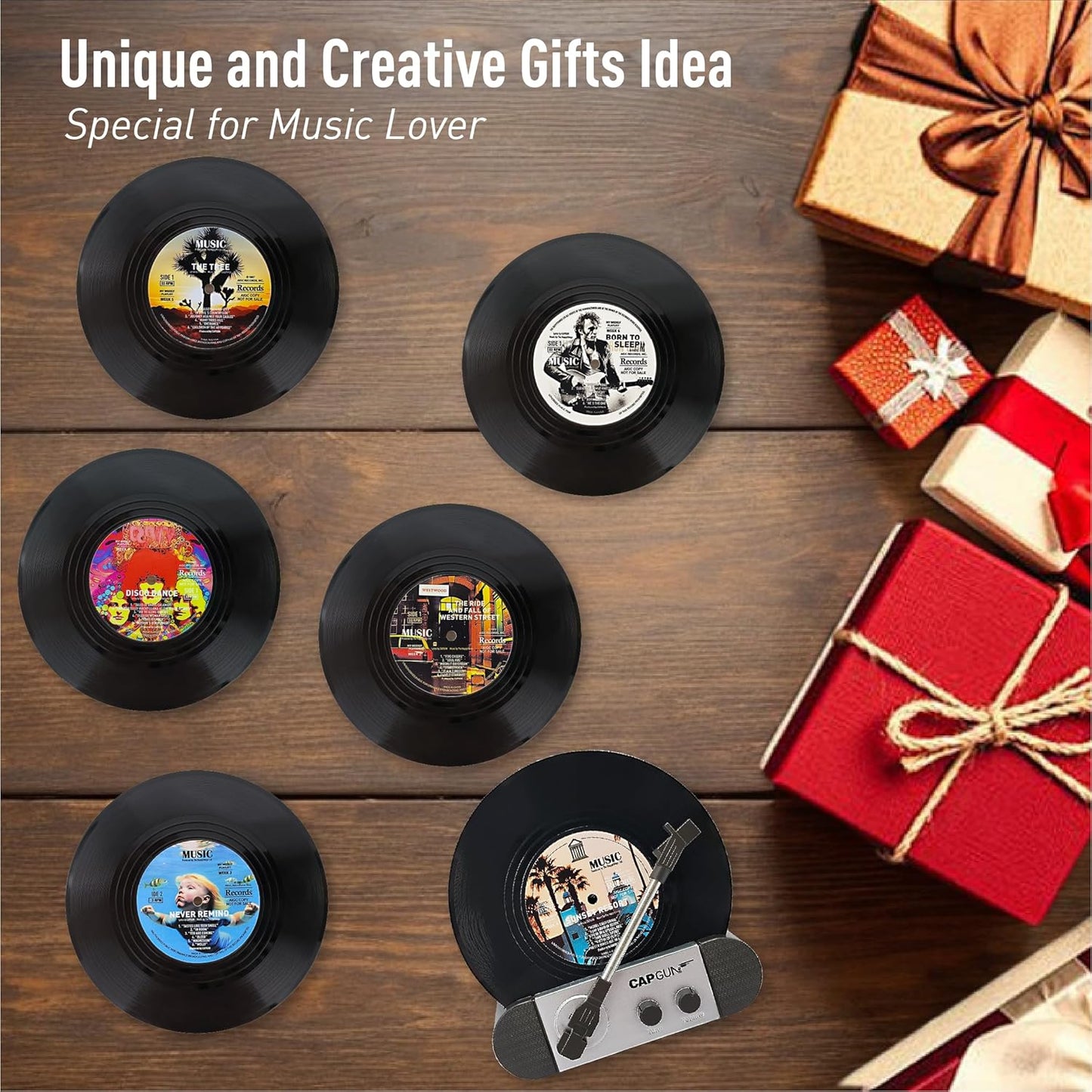 Funny Retro Vinyl Record Coasters, Creative Drink Coasters Set of 12 for Music Lovers, Housewarming Hostess Gifts, Birthday and White Elephant Gifts Ideas (V03)