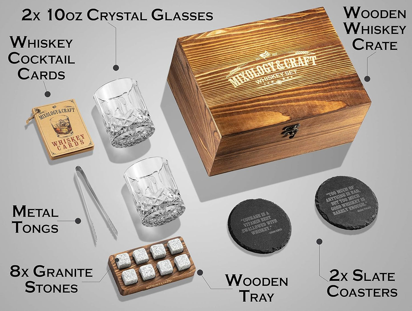 Mixology & Craft Whiskey Glasses Gift Set for Men 13-Piece with Pack of 2 Diamond Cut Glasses w/ 8 Granite Chilling Stones, 2 Coasters, Tongs & Cocktail Recipe Book in Wooden Crate
