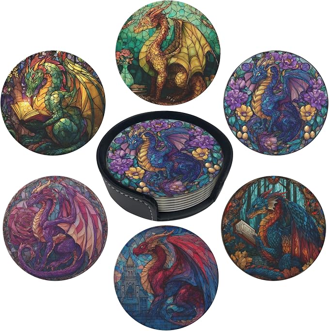 Musical Coasters Leather Round Drink Coasters 6 Pcs Set with Holderor for Cup Drink Coffee Table Bar Home Decor - Dragon