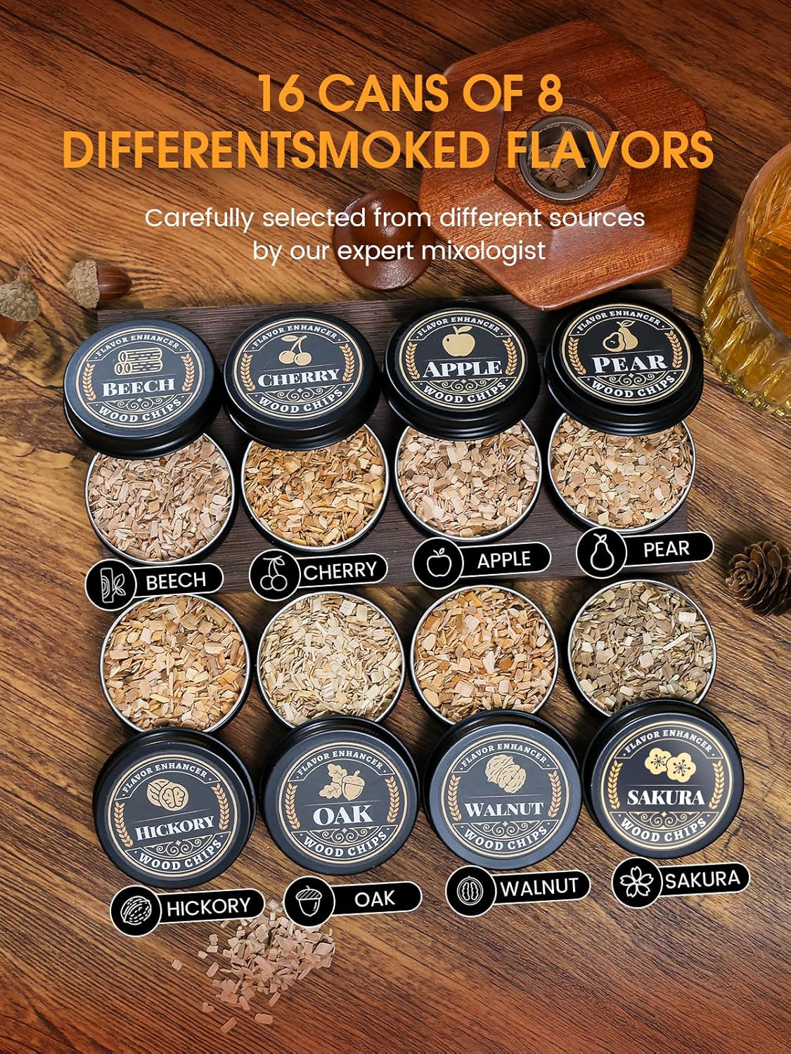 27Pcs Whiskey Smoker Kit- 16 Wood Chips,Ice Ball Molds, Cocktail Smoker Infuser Kit, Old Fashioned Drink Smoker Kit, Birthday Bourbon Whiskey Gifts for Husband,Men,Dad(No Butane)