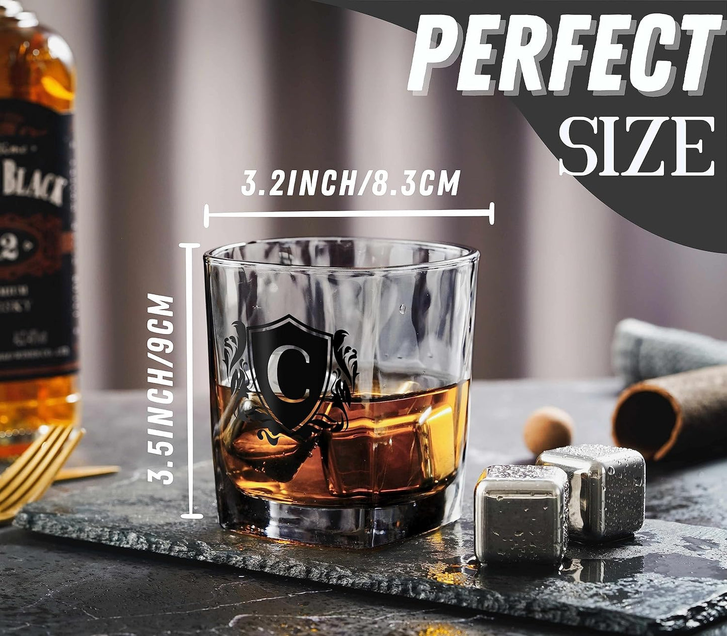Whisky Gifts for Men, Personalized Initial Whiskey Glass with Whiskey Stones for Dad, Boyfriend, Best Friends, Coworkers, Husband, Brother, Uncle and Boss on Father's Day, Boss Day and Birthday - S