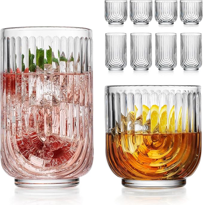 Glaver's Vintage Glassware Art Deco Glasse Ribbed Drinking Glasses U-Shape Arch Design Colored Cocktail Kitchen Tumblers Everyday Dinner Decorative Party (Clear S/4 11oz) - Clear S/8 17oz 11oz