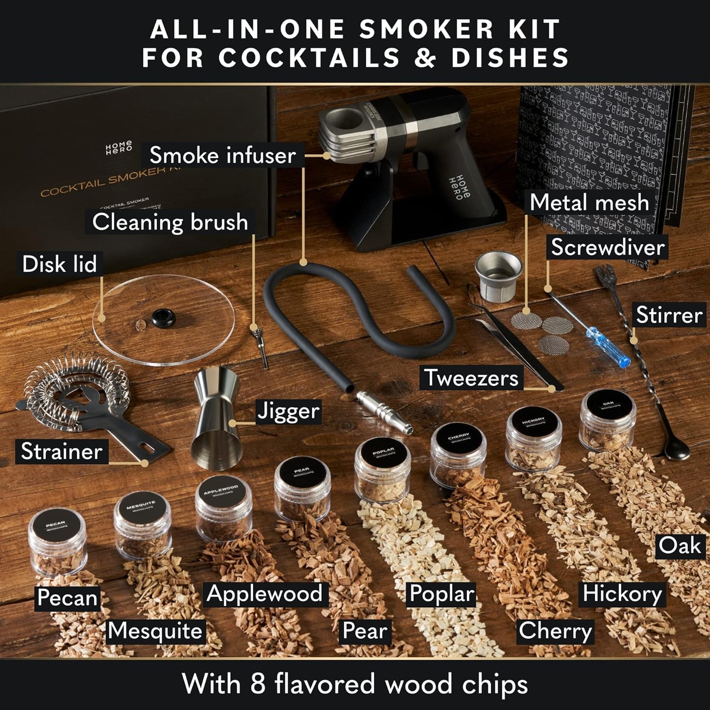 Home Hero Whiskey Smoker Kit - Cocktail Smoker for Old Fashioned & Bourbon Whiskey - Indoor Cold Smoke Generator with 8 Wood Chip Flavors - 8-Piece Set, Black