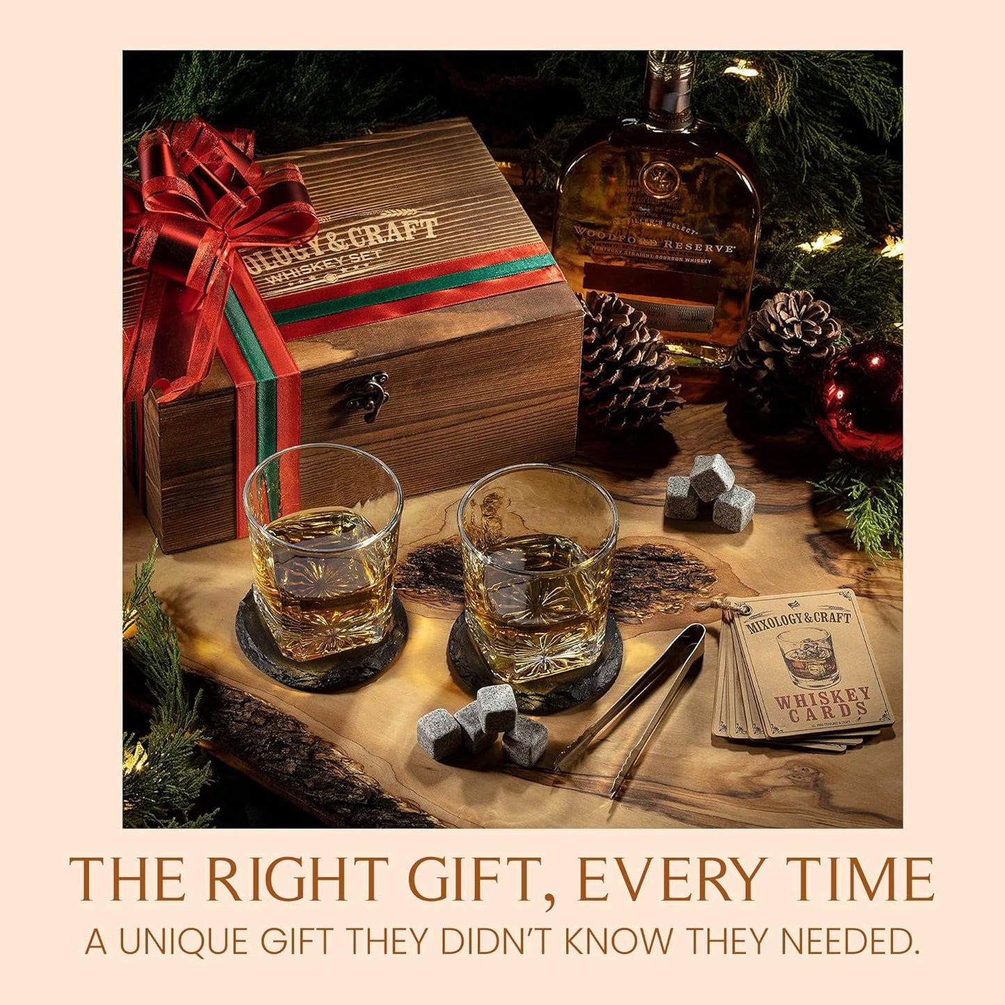 Mixology & Craft Whiskey Stones Gift Set – Includes Two 10oz Crystal Whiskey Glasses, 8 Granite Chilling Rocks, Slate Coasters, Metal Tongs, Cocktail Recipe Cards, Elegant Wooden Storage Box