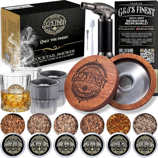 Whiskey Smoker Kit with Torch, 2 Glasses & 2 Ice Molds - 6 Wood Chips| Cocktail Smoker Kit for Smoked Drinks| Bourbon Smoker Kit| Old Fashioned Smoker Kit| Whiskey Gift for Men (No Butane Incl.)