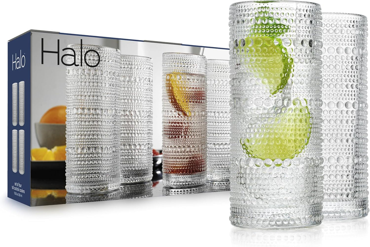 Glaver's Highball Drinking Glasses, 10.82 oz Sleek Hobnail Textured Glassware Modern Tall Tumblers set of 4 Iced Coffee Glasses, Highball Cocktail Set, Dishwasher Safe, Housewarming Gift Set