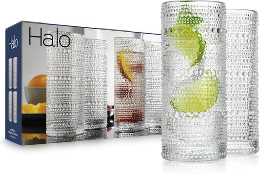 Glaver's Highball Drinking Glasses, 10.82 oz Sleek Hobnail Textured Glassware Modern Tall Tumblers set of 4 Iced Coffee Glasses, Highball Cocktail Set, Dishwasher Safe, Housewarming Gift Set