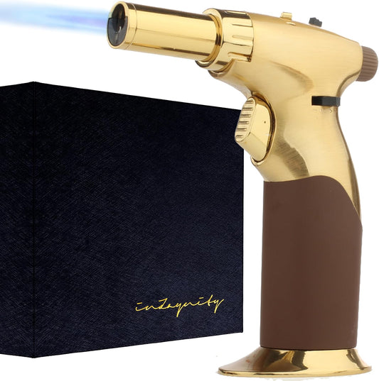 Dual Flame Butane Torch Gun - Refillable Luxury Hand Held Mini Blow Torch for Cooking, Creme Brulee, Soldering, Welding, & Resin Art - Adjustable Flame with Ignition Lock - Gold Brown by inZaynity® - Brown