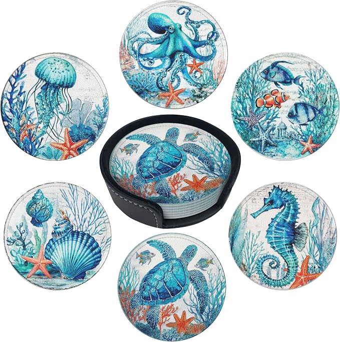 Musical Coasters Leather Round Drink Coasters 6 Pcs Set with Holderor for Cup Drink Coffee Table Bar Home Decor - Sea