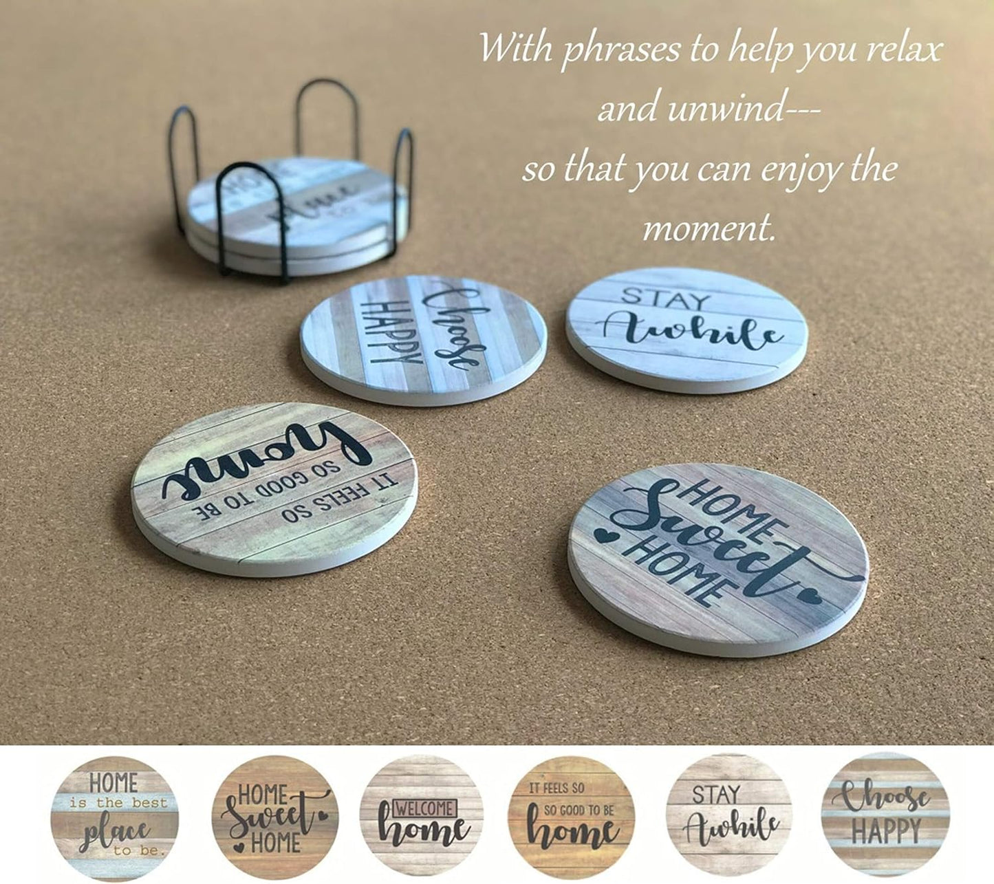 PANCHH Rustic Farmhouse Stone & Cork Coasters for Drinks, Absorbent - Set of 6 Coasters with Holder - Best Housewarming Gifts for New Home Ideas - Cute Kitchen and Coffee Table Décor & Accessories