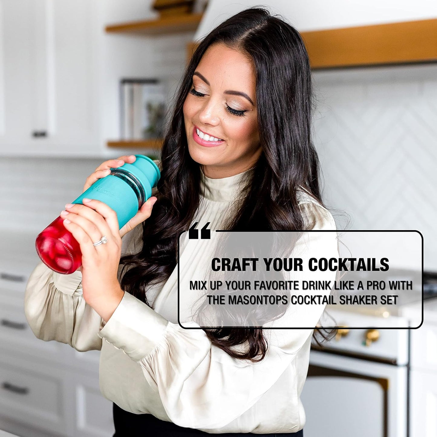 Masontops Cocktail Shaker Set – Glass Mason Jar Drink Shaker – 4 PC Set with Metal Swizzle Stick - Teal