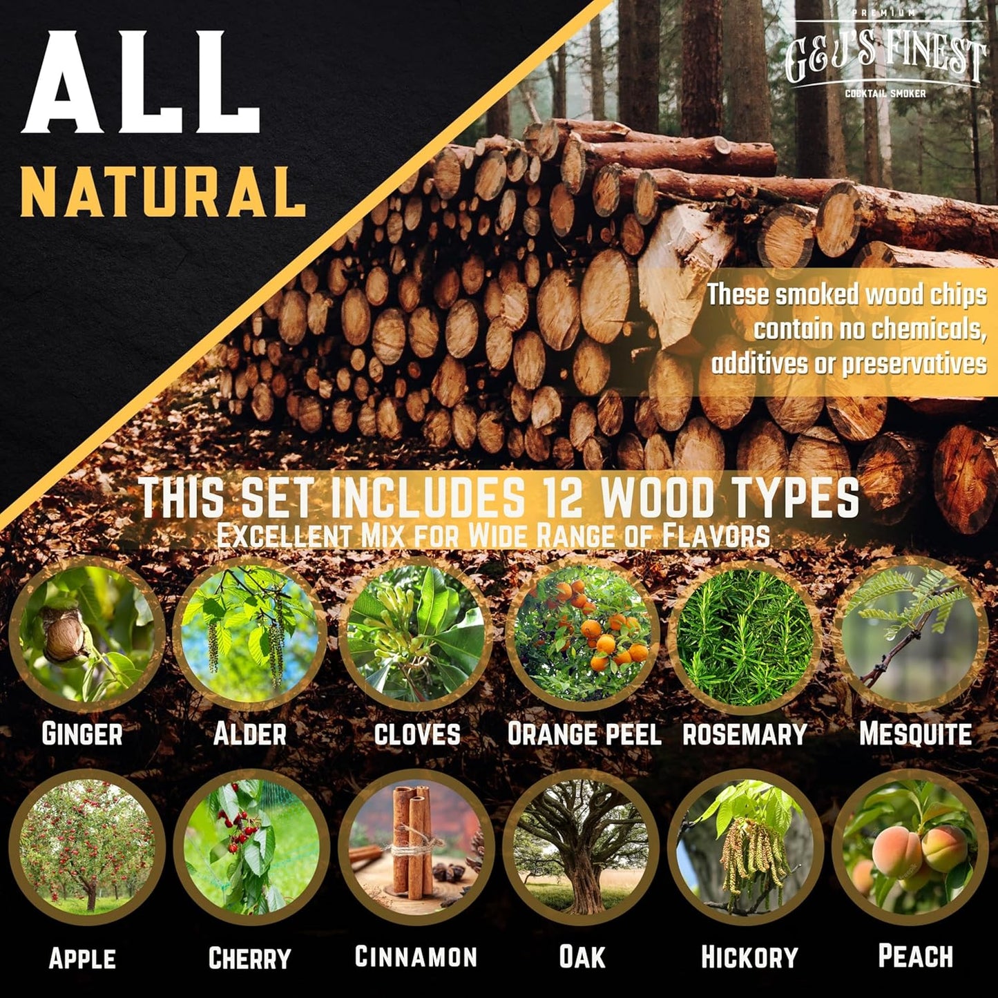 12 Wood chips for Cocktail Smoker/Smoke Gun| Woodchips for Smoking Whiskey/Bourbon/Old Fashioned| Cherry, Apple, Oak, Hickory, Cinnamon, Ginger, Orange Peel, Cloves, Alder, Peach, Rosemary, Mesquite