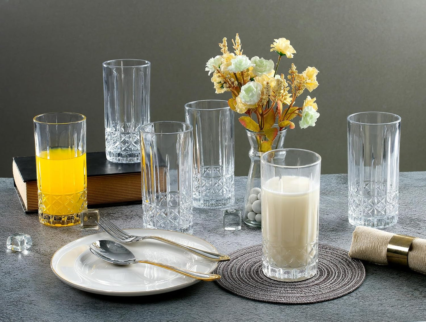Lorren Home Trends Tall 12 Ounce Drinking Glass-Textured Cut Glass, Set of 6