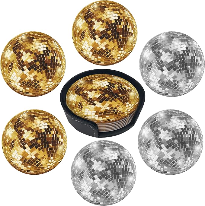 Musical Coasters Leather Round Drink Coasters 6 Pcs Set with Holderor for Cup Drink Coffee Table Bar Home Decor - Ball