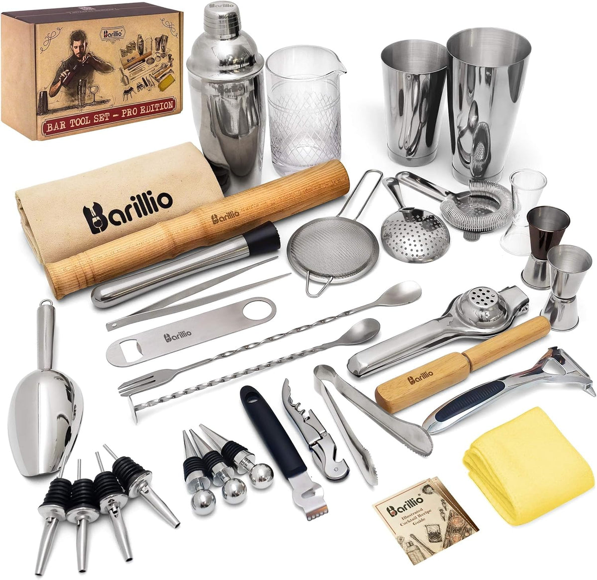 Barillio Bar Tool Set Pro Edition - Stainless-Steel Cocktail Shaker Set - Mixology Bartender Kit w/Boston Shaker, Drink Mixer & Muddler for Cocktails - Home Bar Accessories - 32-Pc Bar kit - Silver