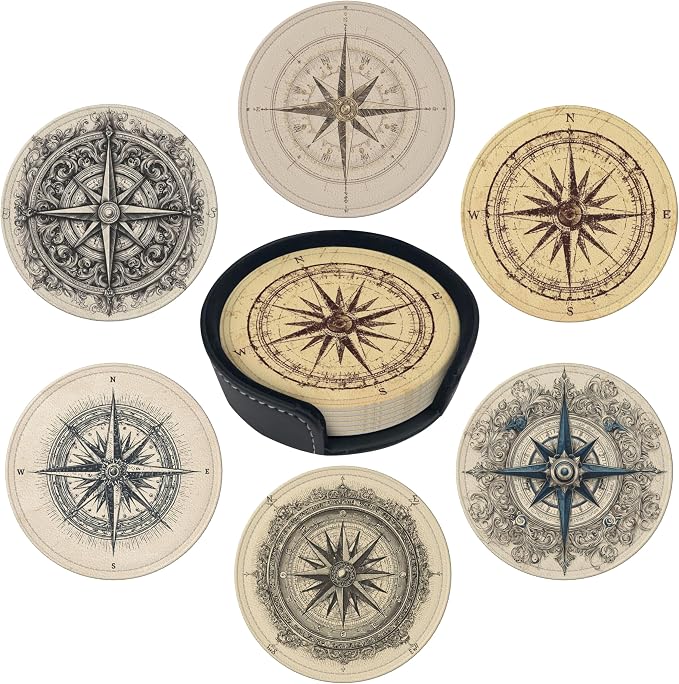Musical Coasters Leather Round Drink Coasters 6 Pcs Set with Holderor for Cup Drink Coffee Table Bar Home Decor - Compass