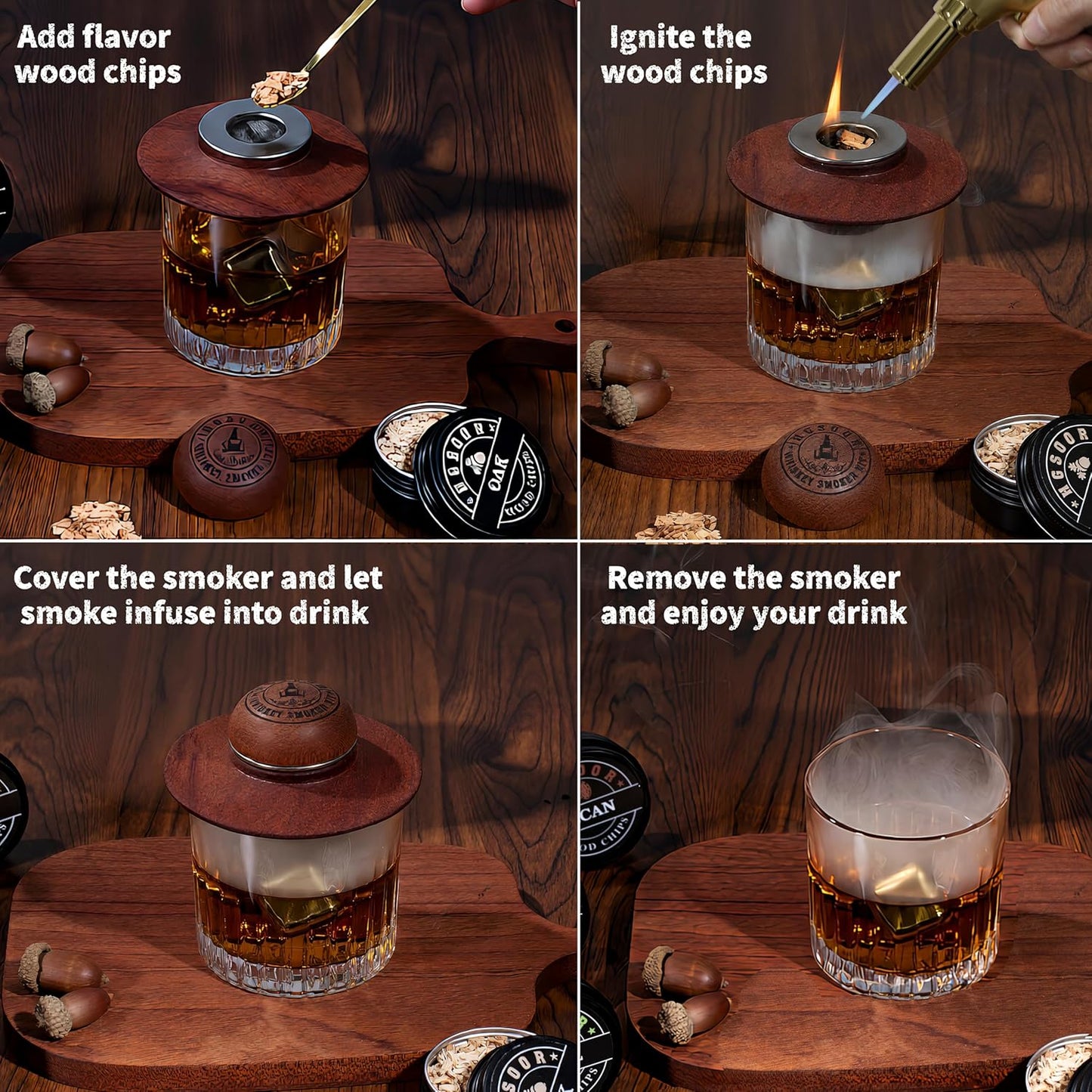 Whiskey Smoker Kit - Old Fashioned Drink Smoker Kit - Cocktail Smoker Kit with Torch, 4 Flavors Wood Chips&Whisky Stones, Bourbon Smoker Kit, Bourbon Whiskey Gifts for Men,Dad (No Butane)