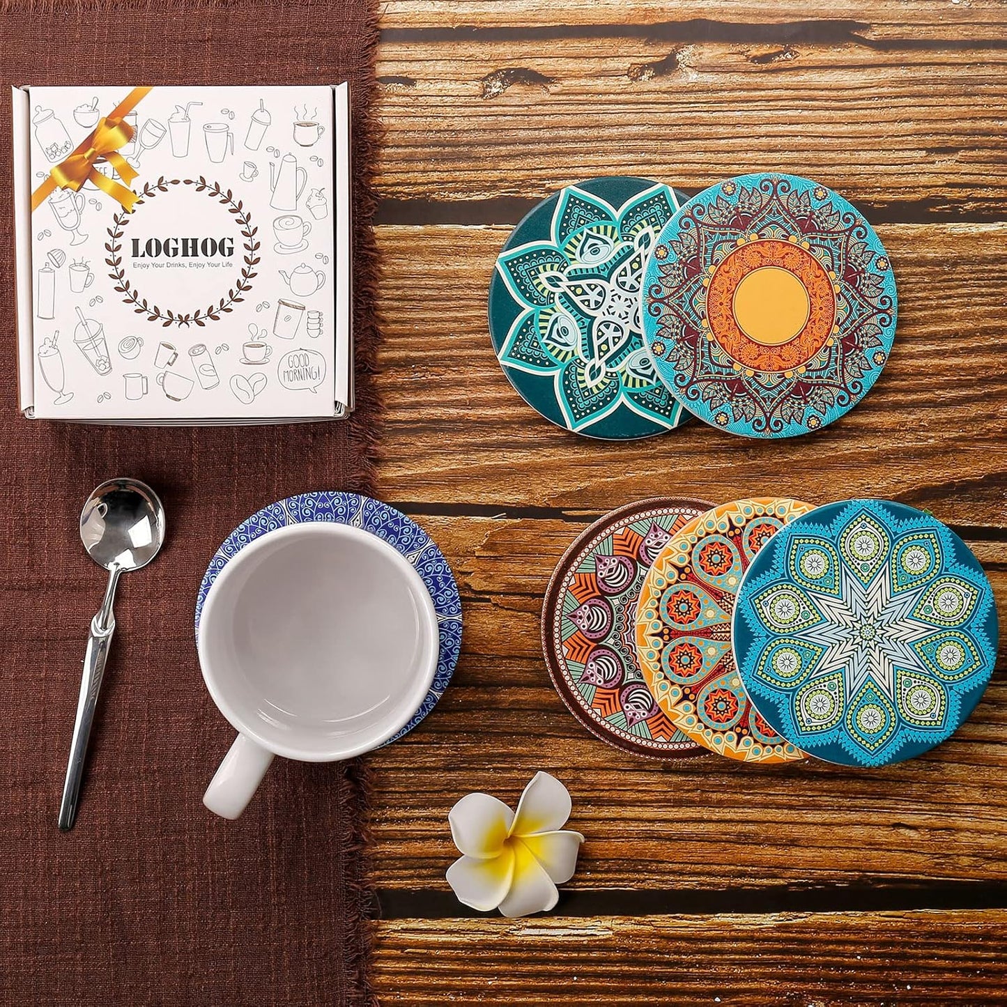 LogHog Stylish and Functional Drink Coasters - Set of 6 Coasters for Coffee Table, Absorbent Coasters for Drinks - Protects Furniture and Adds Decor to Your Home