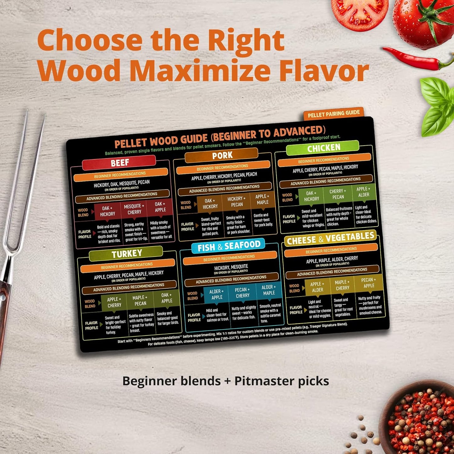 Lotteli Meat Smoking Guide Magnet Set - 4-Side Meat Temperature Chart with Smoking Time, Wood Pairing & Internal Temp - BBQ Smoker Accessories for Traeger, Pit Boss, Pellet Grills - Splash-Resistant
