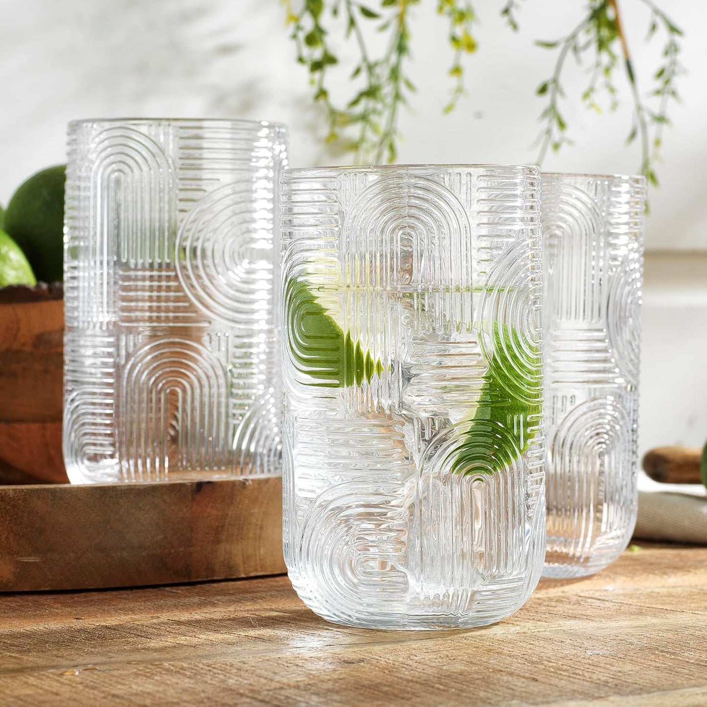 Glaver's Drinking Glasses, Highball Glasses, 17 Ounce Thick Embossed Designed, Set of 4 Clear Kitchen Glassware For Everyday Elegant Serving Coolers, Urban Pattern Modern Drinking Glasses