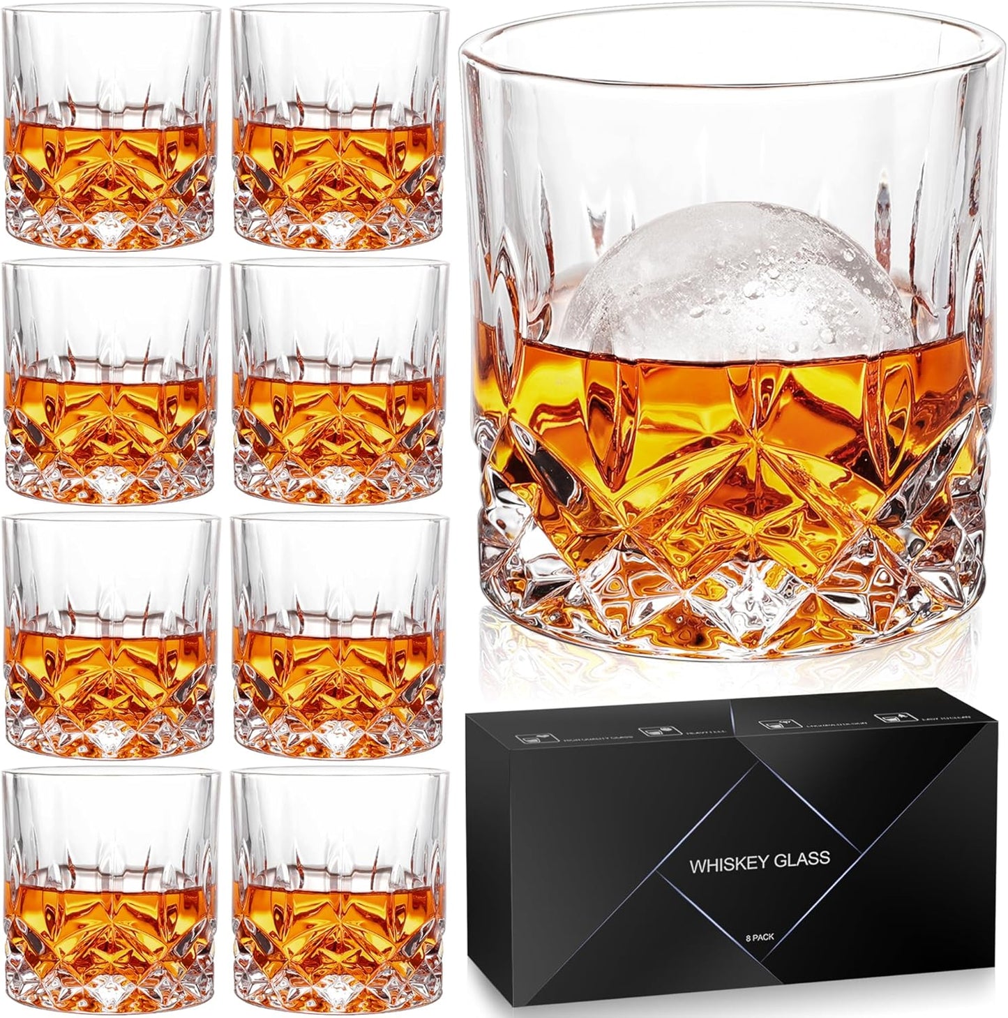 QUMMFA Whiskey Glasses Set of 8, 11 oz Crystal Old Fashioned Glasses, Buy 6 Get 2 Free, Perfect for Bourbon, Scotch, Vodka, Gift for Men, Women, Dad, Father
