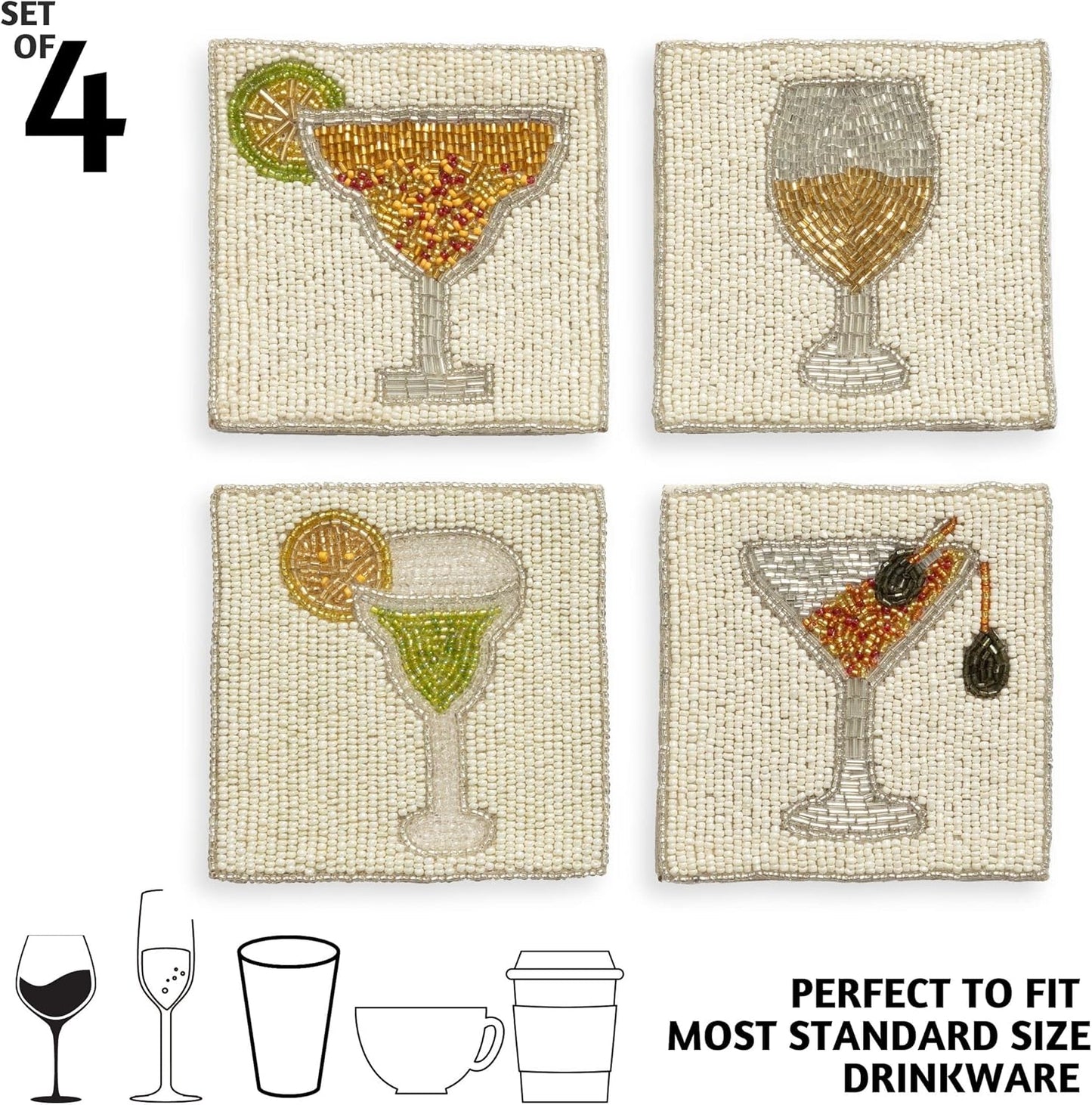 Folkulture Coasters Set of 4 (4")| Beaded Cocktail Handmade Square Drink Coasters for Coffee Table & Bar | Boho Home & Party Décor | Hand-Crafted Cute Coasters for Housewarming Gifts