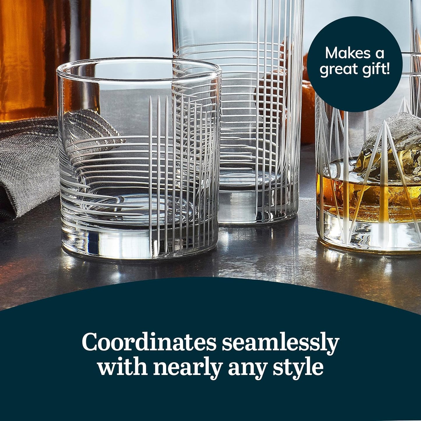 Libbey Cut Cocktails Rocks Glasses Set, Clean, Linear Glassware Drinking Glasses Set of 4, Dishwasher Safe Glasses for Weddings, Birthdays, and More