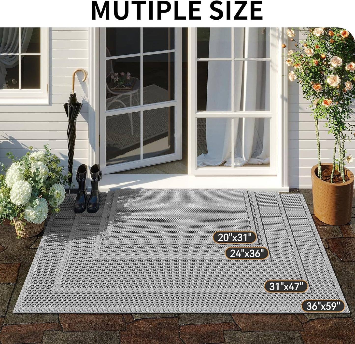 Front Door Mat 31''x47'', Drainage Heavy Duty Dirt Trapping Non-Slip Doormats, Outdoor Rubber Floor Mats, Restaurant Commercial Kitchen Industral Pool Entrance Bar Wet Area, Grey