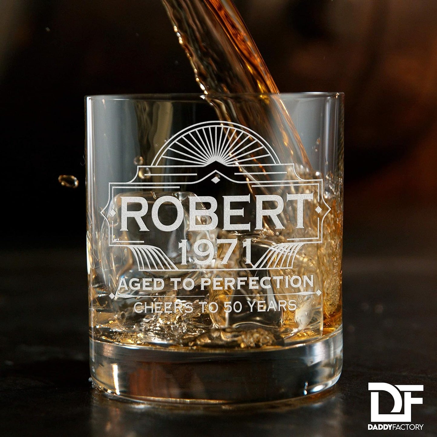 DaddyFactory Personalized Whiskey Glass For Men, Customized Engraved Etched Monogram Rocks Cocktail Glass, 10.25 oz Custom Whiskey Gift Glass Birthday Gift For Him, Aged To Perfection