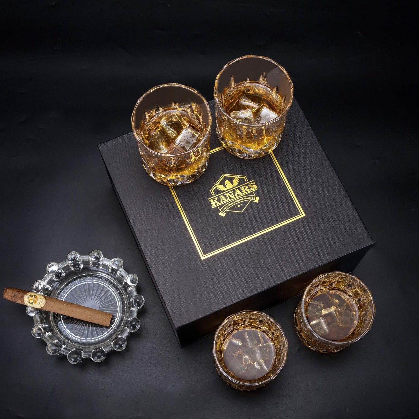 KANARS Old Fashioned Whiskey Glasses with Luxury Box - 10 Oz Rocks Barware For Scotch, Bourbon, Liquor and Cocktail Drinks - Set of 4 - Men Gift