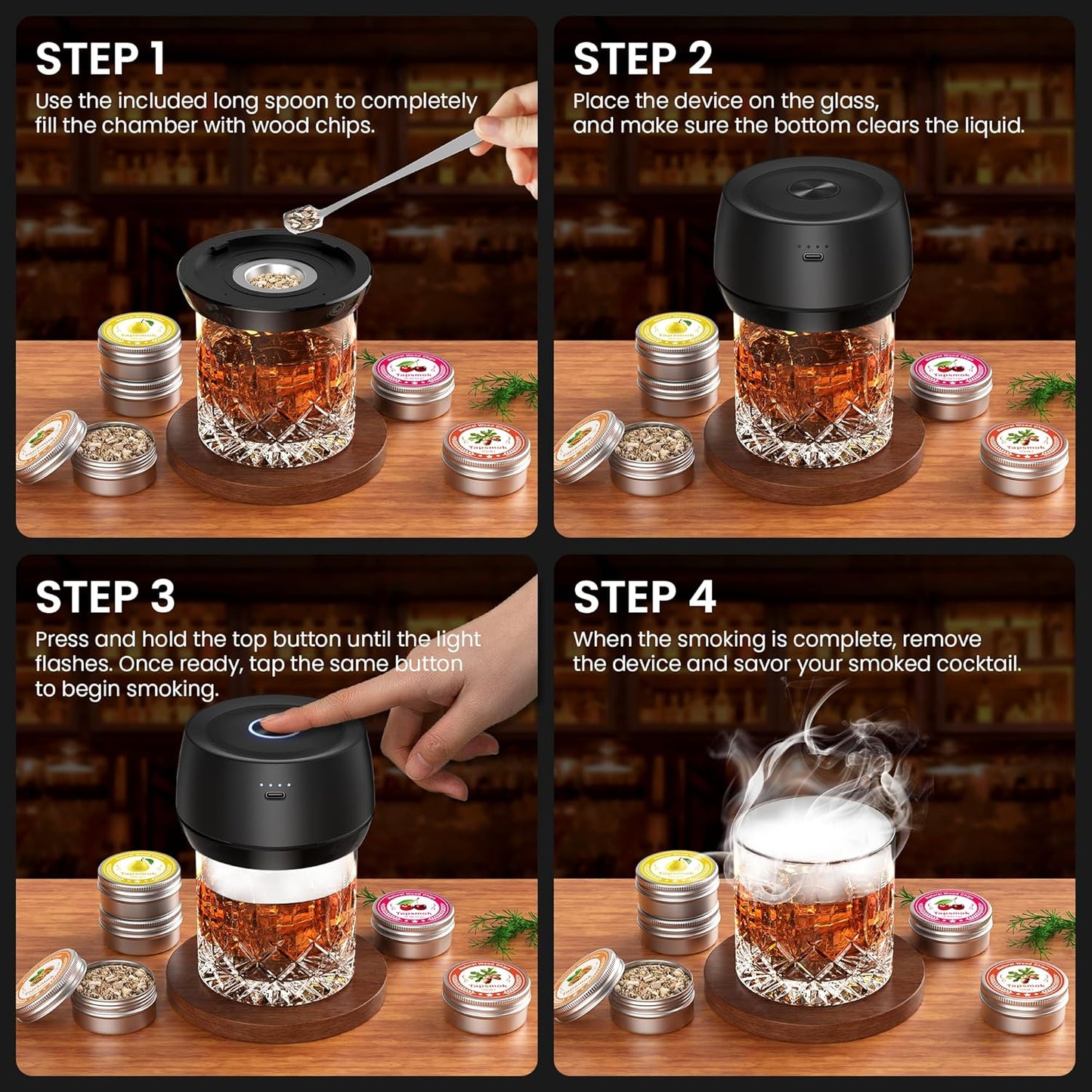 Electric Whiskey Smoker Kit: Rechargeable Cocktail Smoker for Old Fashioned & Bourbon Drinks with Built-in Lighter, No Butane Needed, 6 Wood Chips, Christmas Whiskey Gift for Men, Dad, Husband
