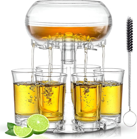 Shot Glass Dispenser And Holder - Party Drink Set For Liquor With 6 Glasses, Cool Glass Shots Game Accessories, Cute Of Fountains Fun 6x Pourer Bar Stuff, Unique 21 Birthday Parties Machine