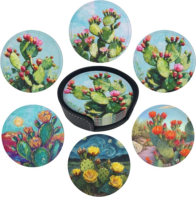 Musical Coasters Leather Round Drink Coasters 6 Pcs Set with Holderor for Cup Drink Coffee Table Bar Home Decor - Cactus