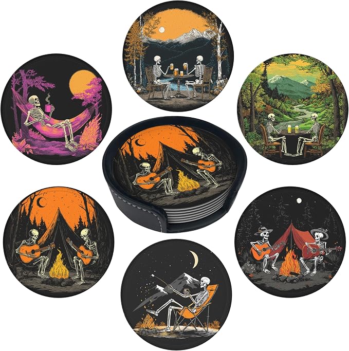 Musical Coasters Leather Round Drink Coasters 6 Pcs Set with Holderor for Cup Drink Coffee Table Bar Home Decor - Skull