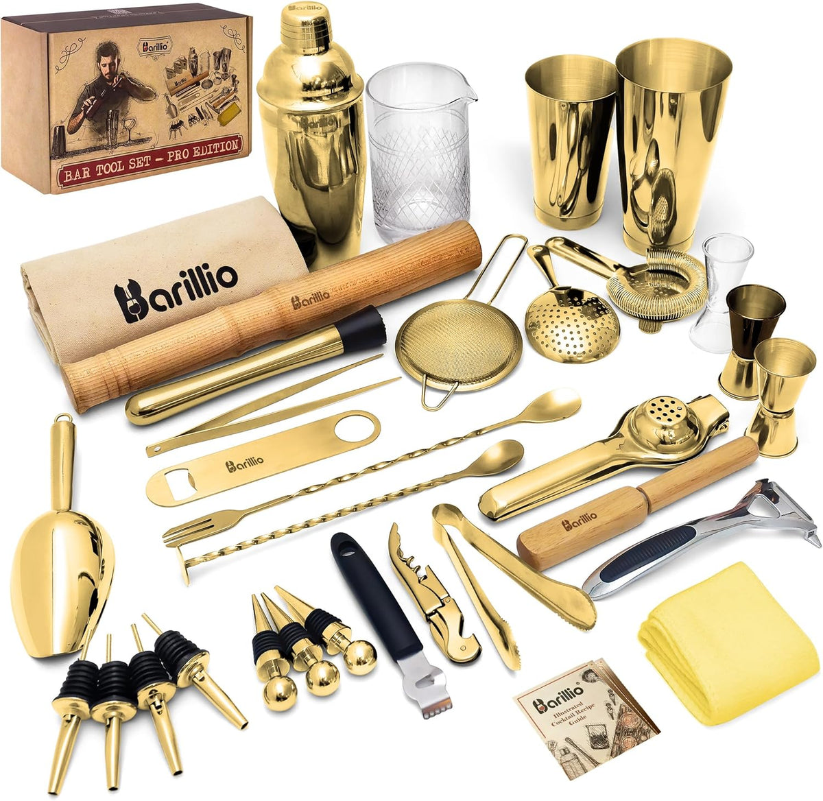 Barillio Bar Tool Set Pro Edition - Stainless-Steel Cocktail Shaker Set - Mixology Bartender Kit w/Boston Shaker, Drink Mixer & Muddler for Cocktails - Home Bar Accessories - 32-Pc Bar kit - Gold
