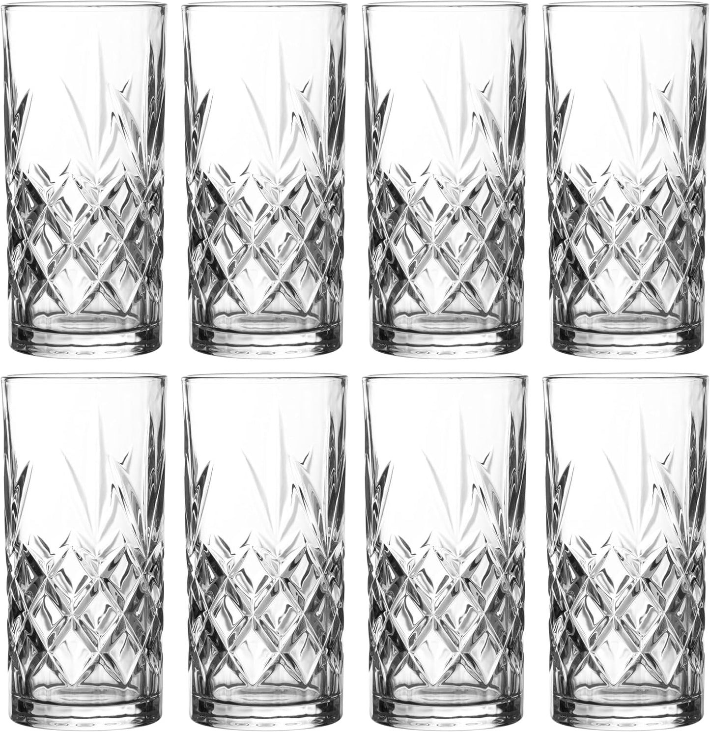 Royalty Art Kinsley Tall Highball Glasses Set of 4, 12 Ounce Cups, Textured Designer Glassware for Drinking Water, Beer, or Soda, Trendy and Elegant Dishware, Dishwasher Safe (Hiball Set Of 4)