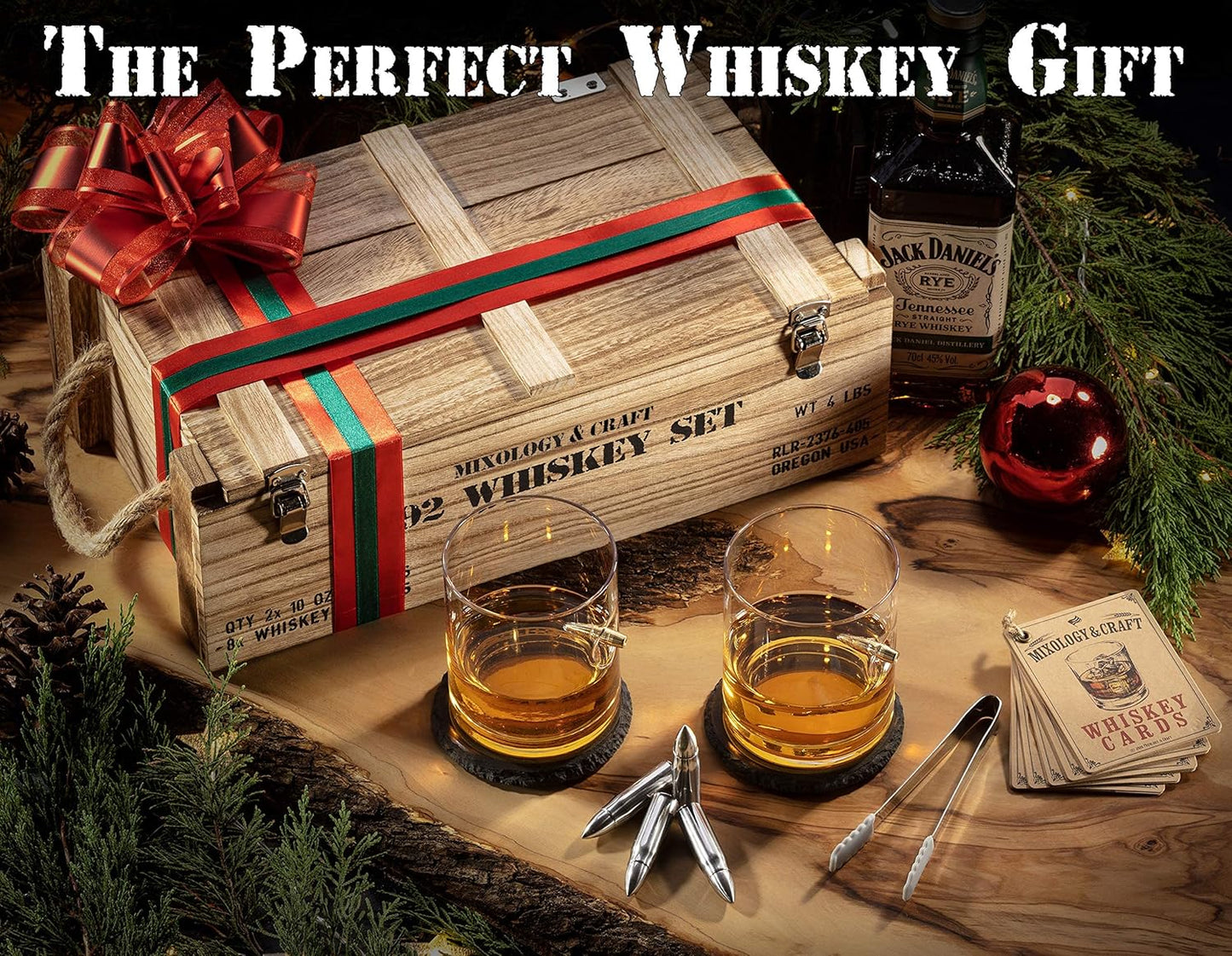 Mixology & Craft Whiskey Stones Set with Glasses & Steel Bullets, Gift for Men