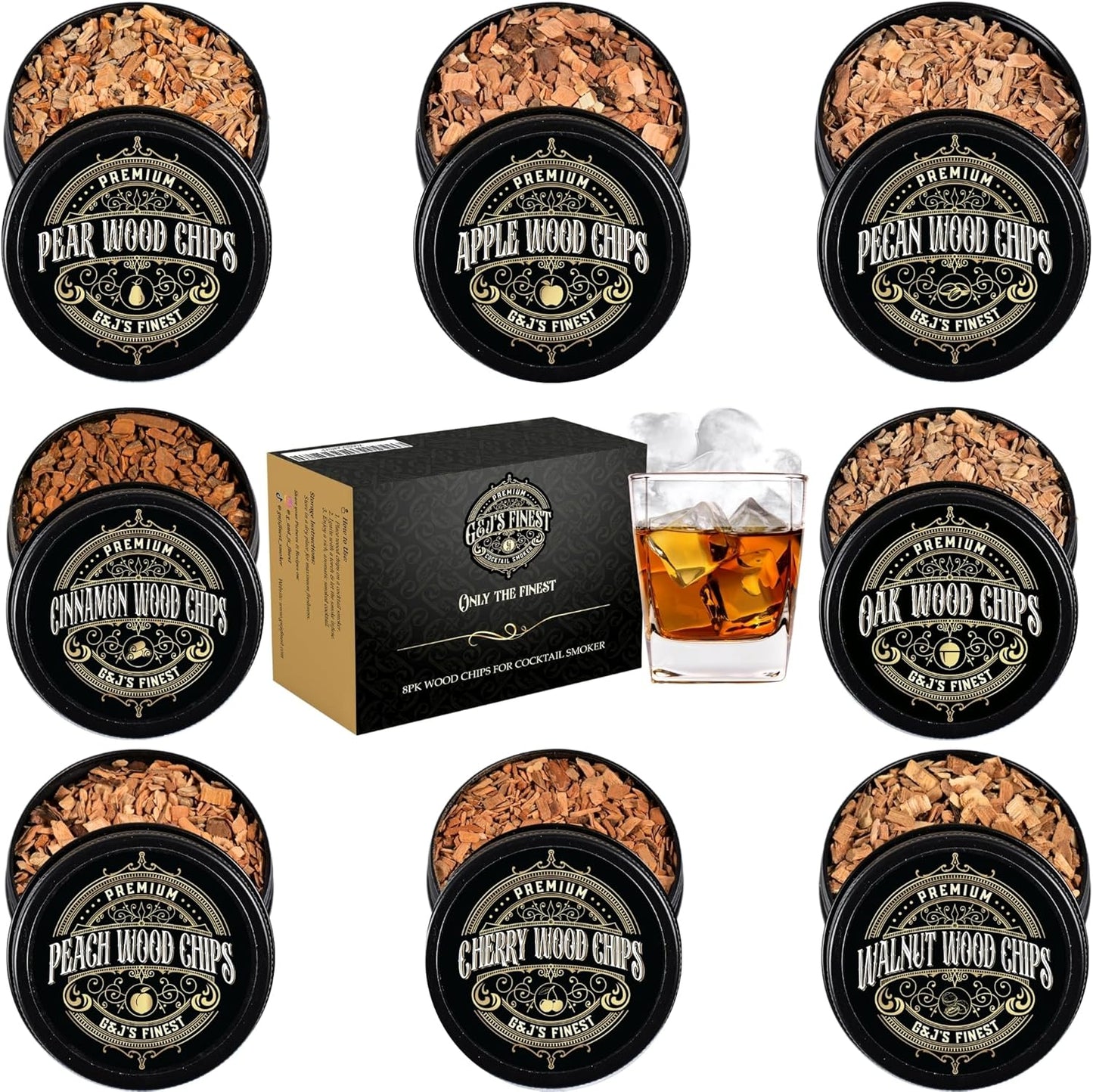 Wood Chips for Cocktail Smoker- 8-pk Fine Chunks/Shavings for Smoking Whiskey/Bourbon/Old Fashioned & Smoke Gun | Apple, Hickory/Pecan, Cinnamon, Oak, Peach, Pear, Cherry, Walnut
