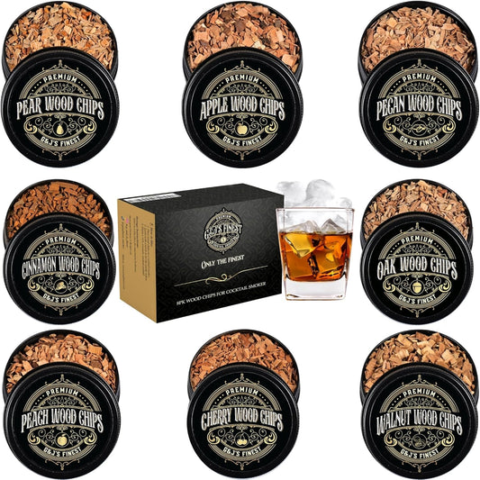 Wood Chips for Cocktail Smoker- 8-pk Fine Chunks/Shavings for Smoking Whiskey/Bourbon/Old Fashioned & Smoke Gun | Apple, Hickory/Pecan, Cinnamon, Oak, Peach, Pear, Cherry, Walnut