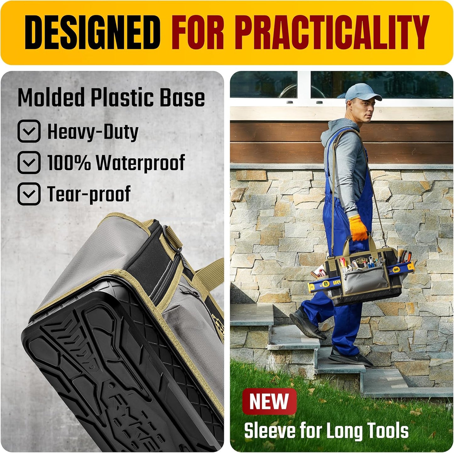 The Ryker Bag 16-inch Large Heavy Duty Wide Mouth Tool-Bag Organizer with Maximum Storage, Portable Utility Bag for Tools, Gift for Dads, Contractors, Mechanics, Technicians, Handyman & Welders